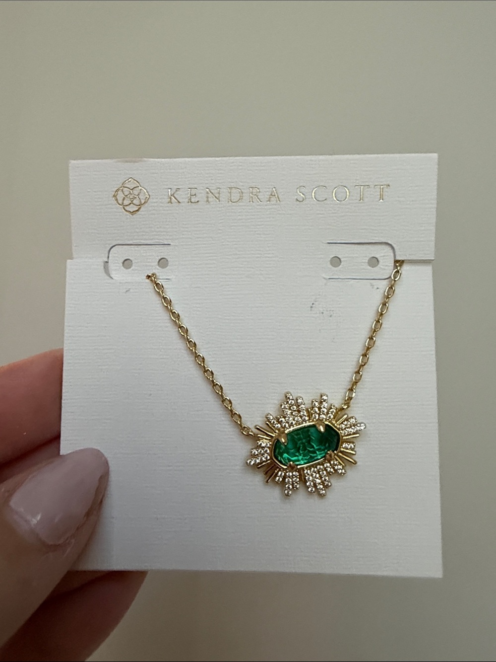 Kendra Scott Gold Necklace with Emerald Green Sunburst Pendant